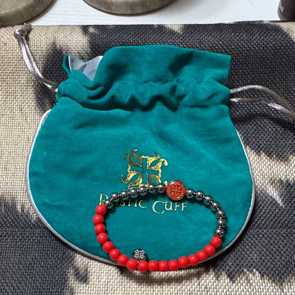 Rustic Cuff Red and Silver Bracelet with Teal Pouch